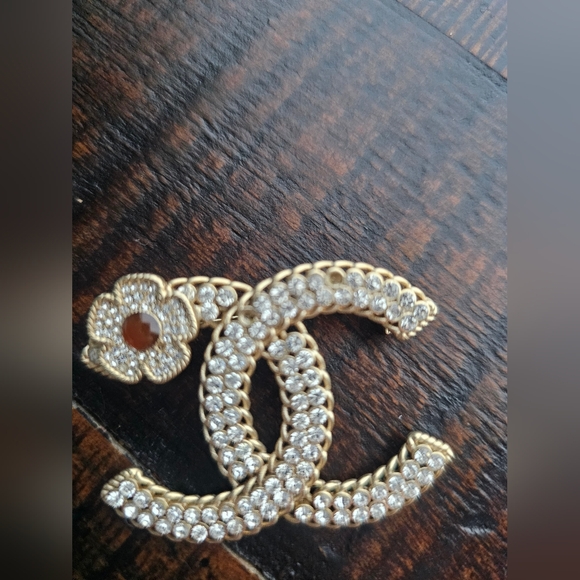 Gold Crystal Double C Brooch with Floral Detail - Picture 2 of 9